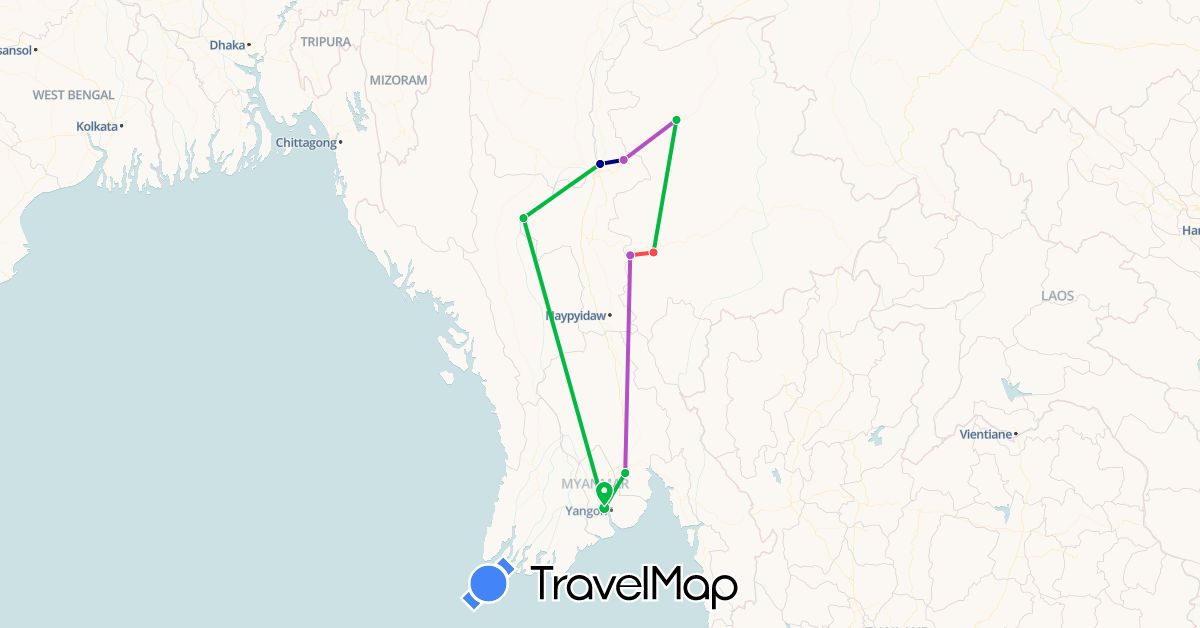 TravelMap itinerary: driving, bus, train, hiking in Myanmar (Burma) (Asia)